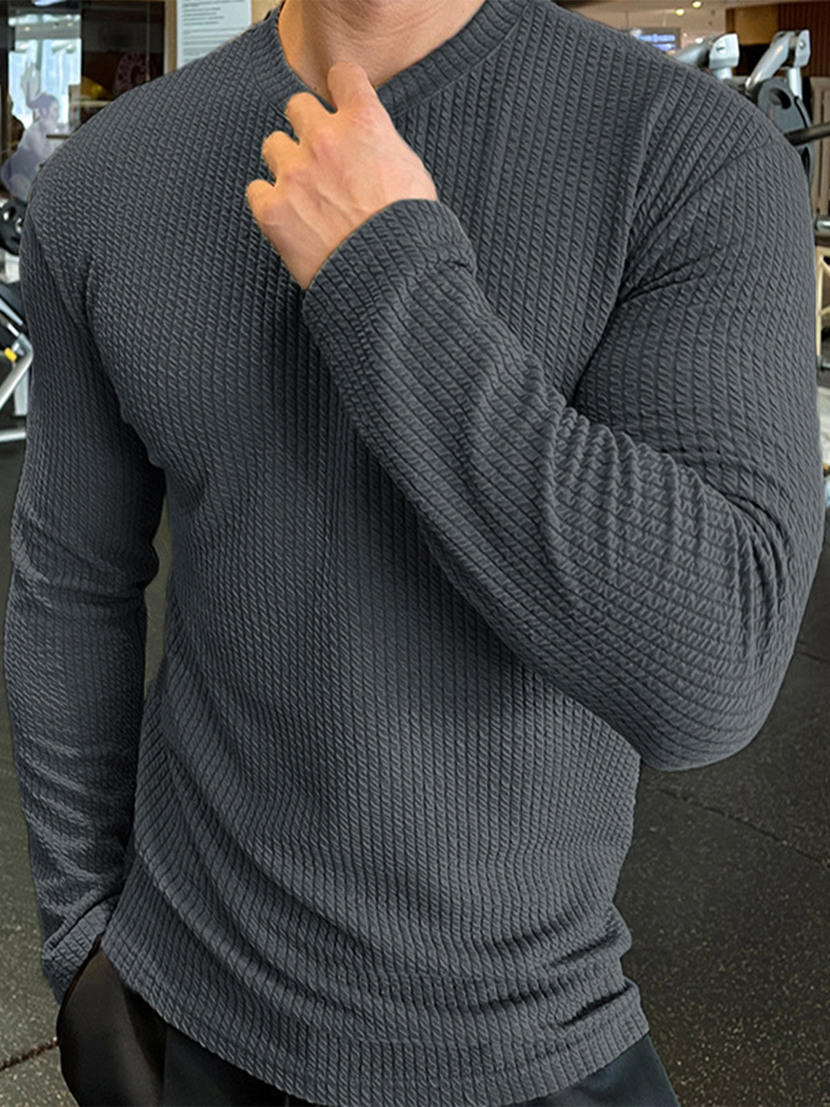 Men’s Texture Grid Crewneck Pullover Long Sleeve Shirt