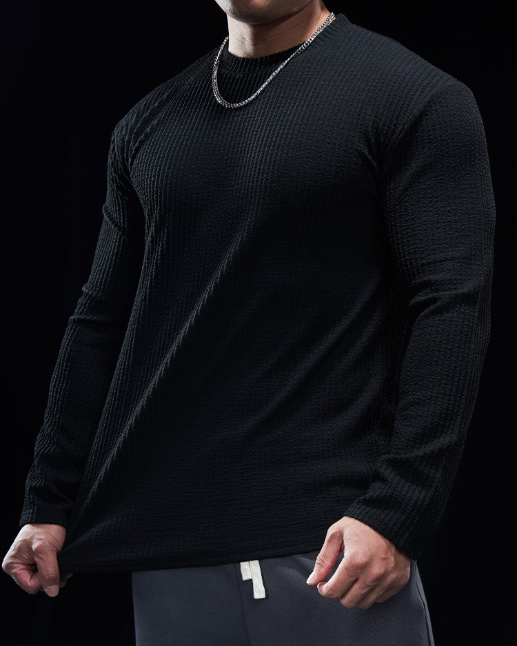 Men’s Texture Grid Crewneck Pullover Long Sleeve Shirt