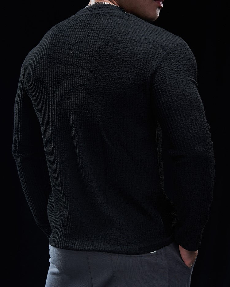 Men’s Texture Grid Crewneck Pullover Long Sleeve Shirt