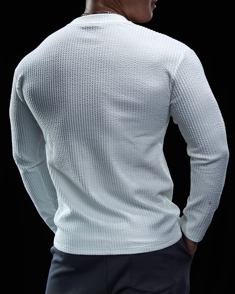 Men’s Texture Grid Crewneck Pullover Long Sleeve Shirt