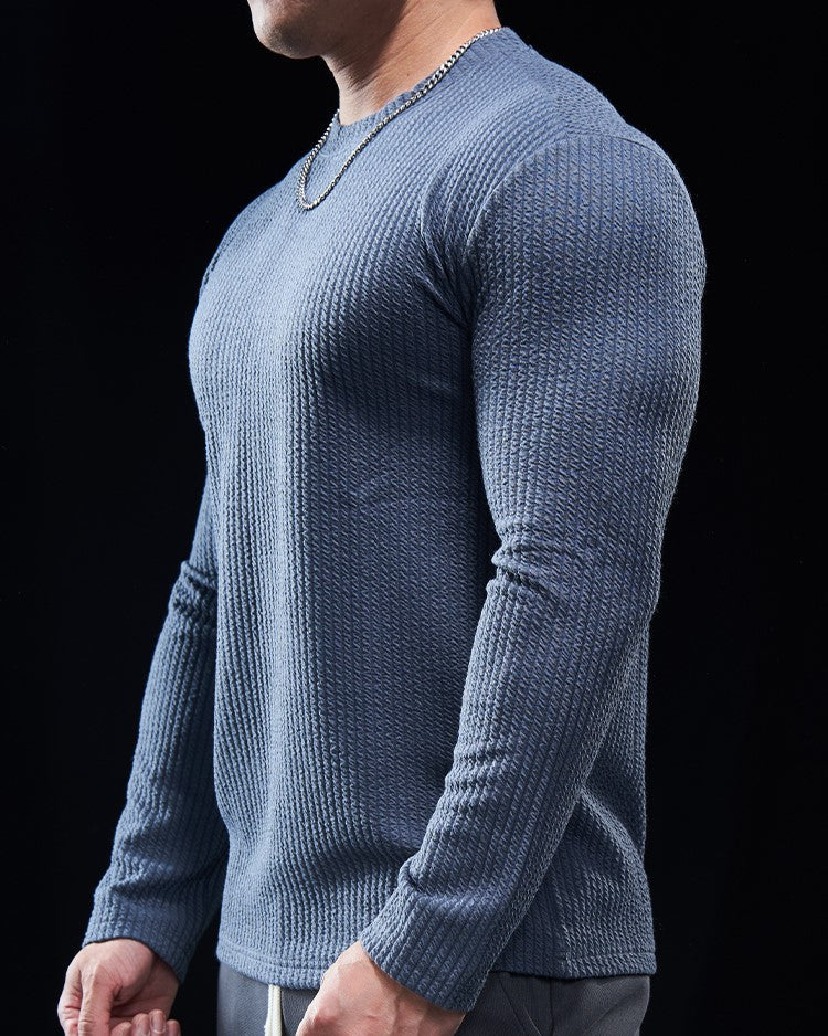 Men’s Texture Grid Crewneck Pullover Long Sleeve Shirt