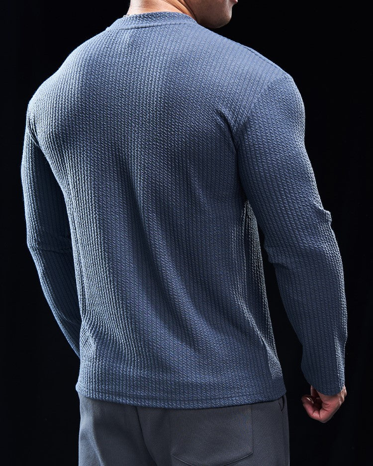 Men’s Texture Grid Crewneck Pullover Long Sleeve Shirt