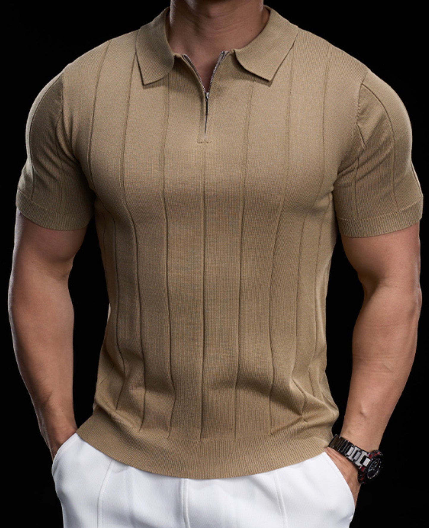 Men’s Casual Short Sleeve Zip Polo Shirt New