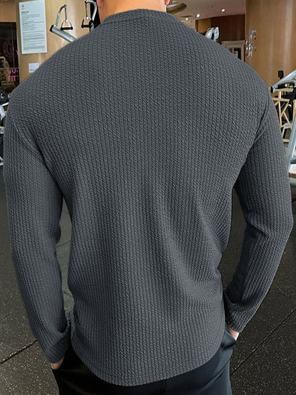 Men’s Texture Grid Crewneck Pullover Long Sleeve Shirt