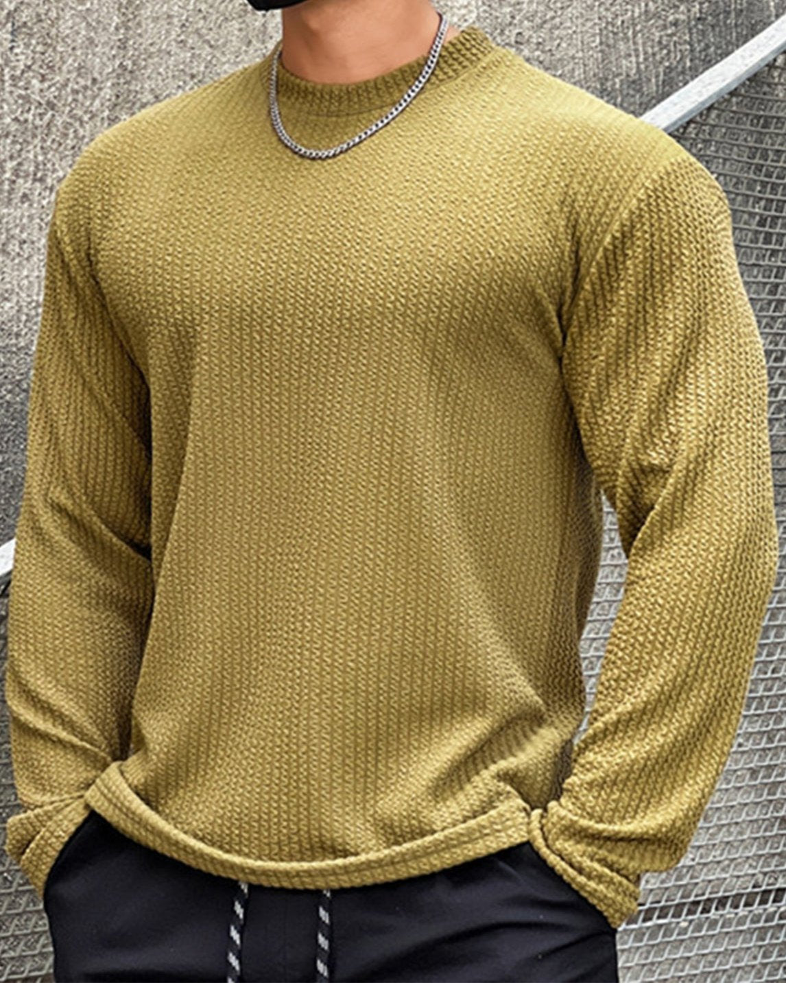 Men’s Texture Grid Crewneck Pullover Long Sleeve Shirt