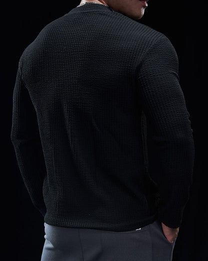 Men’s Texture Grid Crewneck Pullover Long Sleeve Shirt