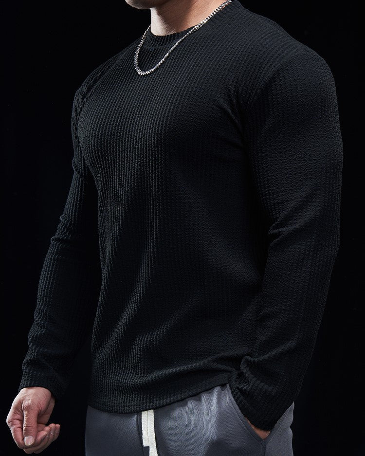 Men’s Texture Grid Crewneck Pullover Long Sleeve Shirt