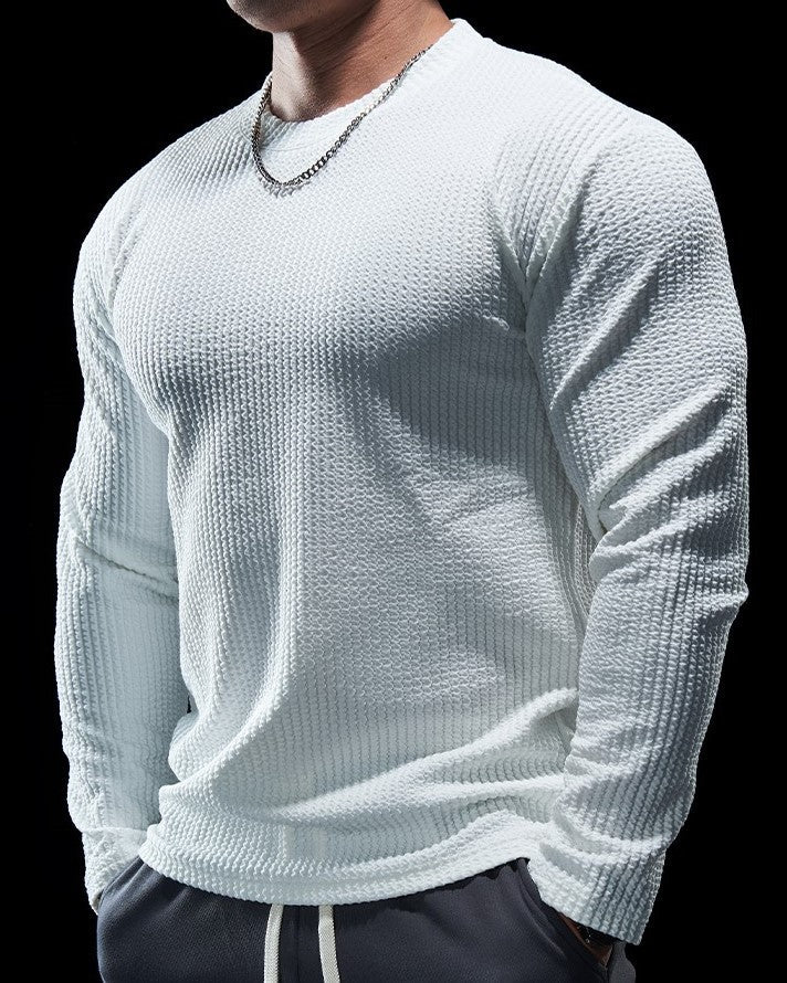 Men’s Texture Grid Crewneck Pullover Long Sleeve Shirt