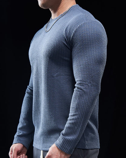 Men’s Texture Grid Crewneck Pullover Long Sleeve Shirt