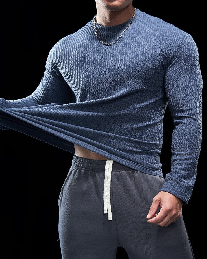 Men’s Texture Grid Crewneck Pullover Long Sleeve Shirt