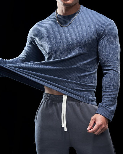 Men’s Texture Grid Crewneck Pullover Long Sleeve Shirt