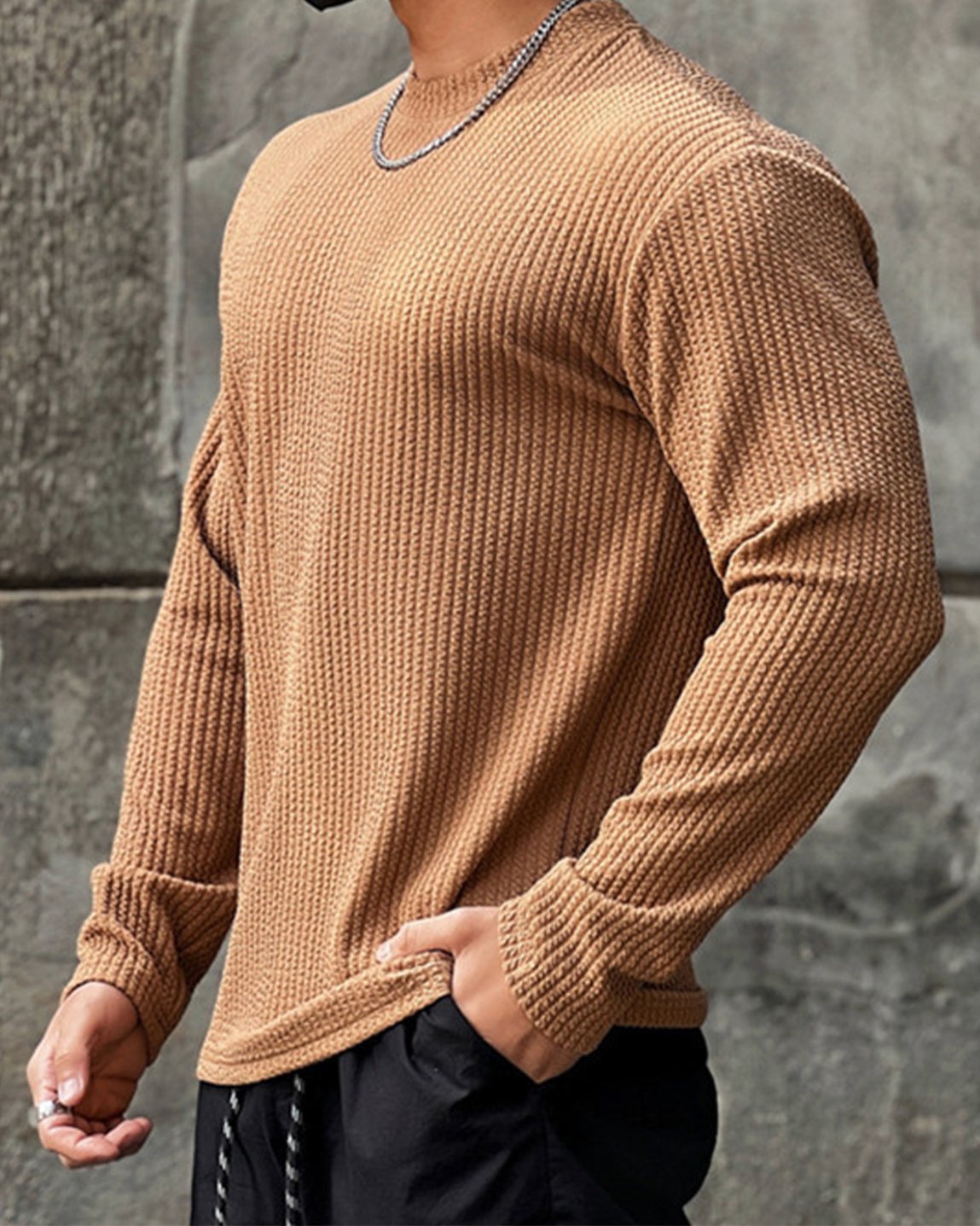 Men’s Texture Grid Crewneck Pullover Long Sleeve Shirt