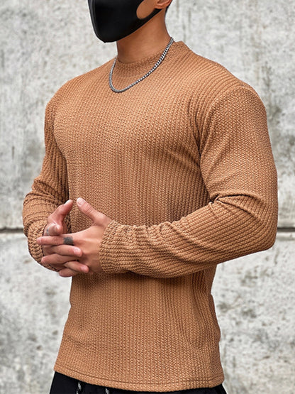 Men’s Texture Grid Crewneck Pullover Long Sleeve Shirt