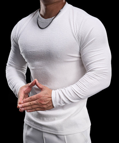 Men’s Texture Grid Crewneck Pullover Long Sleeve Shirt